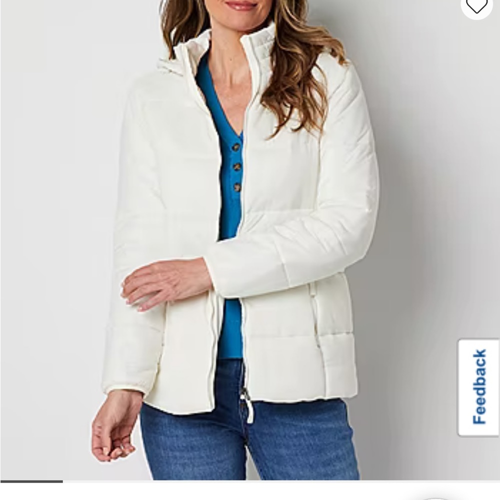 St. John's Bay Womens Removable Hood Mid weight Puffer Jacket Ivory M